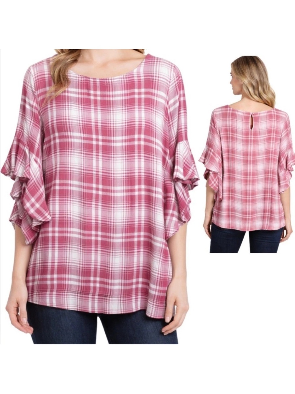 Chaps Womens NWT Pink Plaid Ruffle Tiered Sleeve Blouse Top Size 2X New with tag